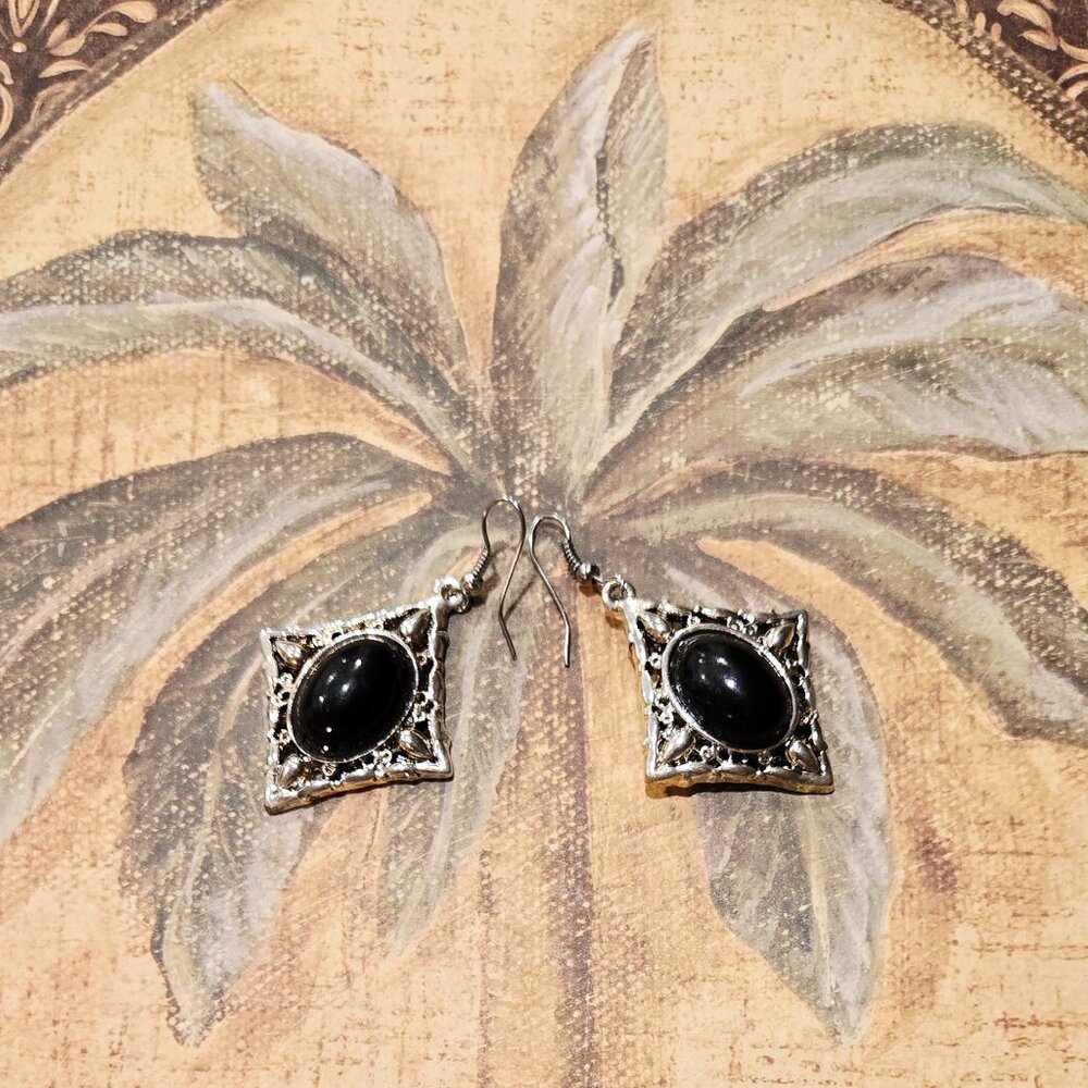 FASHION JEWELRY - Women's Textured Silver-Tone/Black Drop Pierced Earrings NWOT